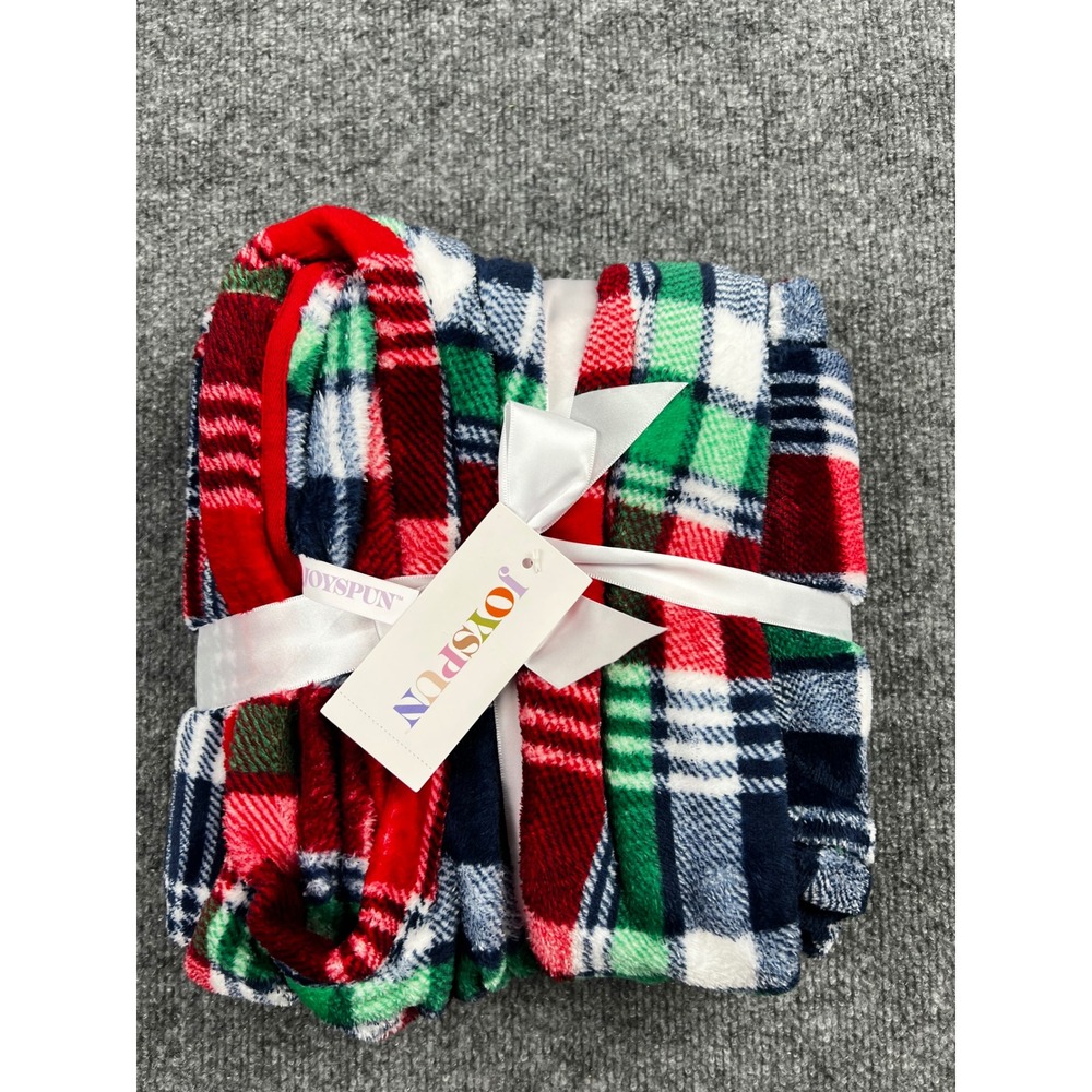 Joyspun Plush PJ Set Womens M 8-10 Red Green Navy Plaid Fleece Sleepwear NEW